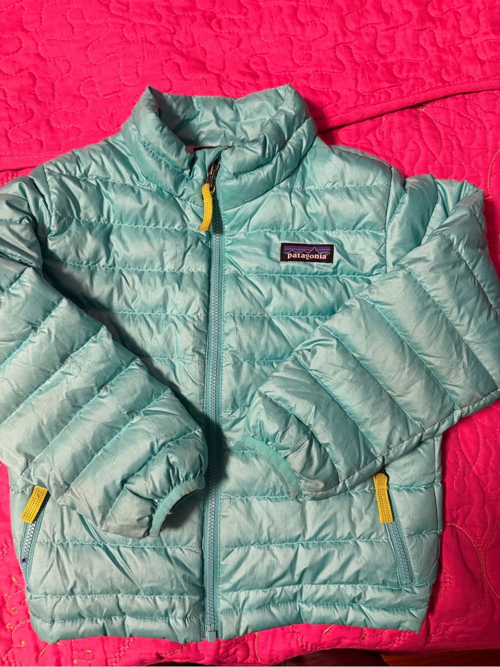 Patagonia Kids Light Teal Puffer Jacket with Yellow Accents